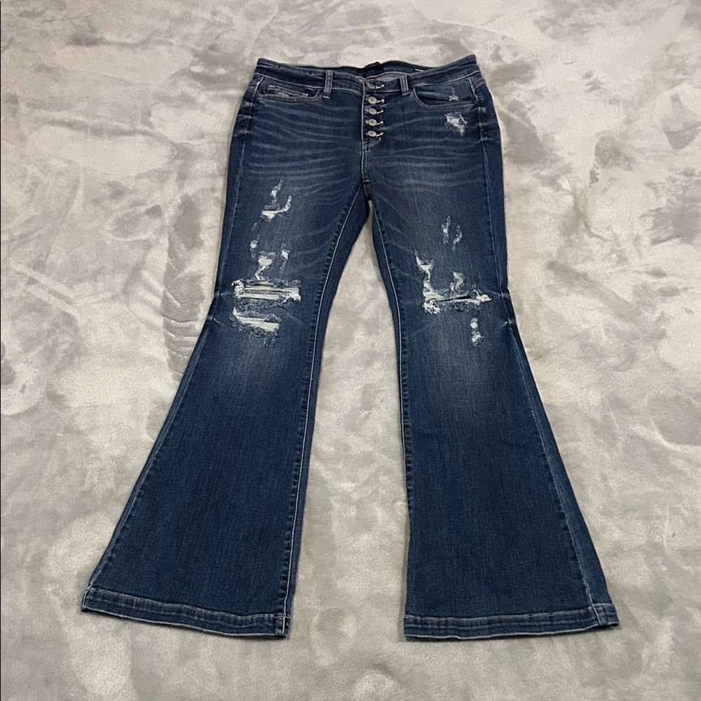 Judy Blue Dark Wash Distressed Flare Jeans Button Fly